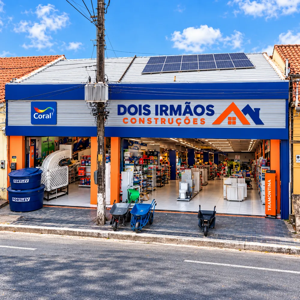 Fachada azul e laranja da Dois Irmãos Construções na Av. Volta Redonda, 1128, em Caxias-MA, com caixas d'água e carrinhos de mão na calçada